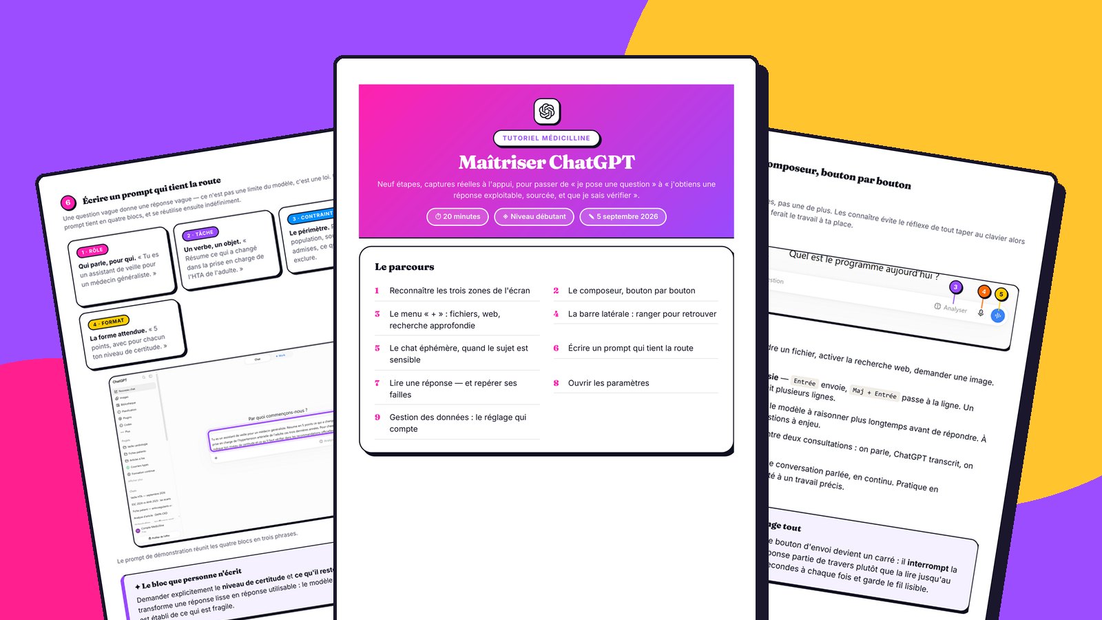 Pages de la fiche « Maîtriser ChatGPT » : couverture, parcours en neuf étapes et captures annotées